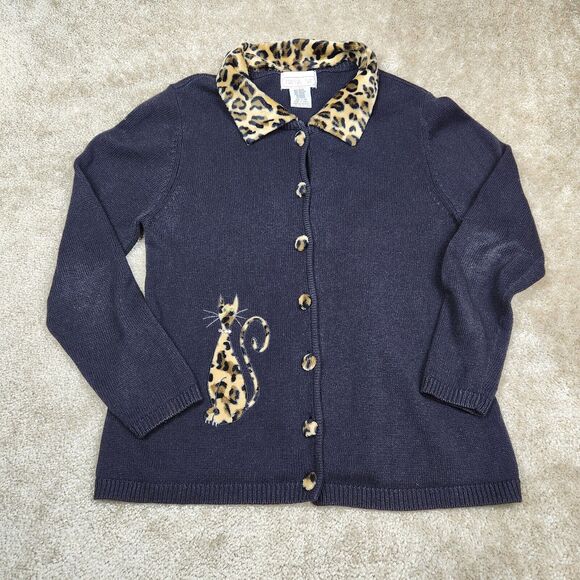 Mandal Bay Sweaters - Mandal Bay Womens Cardigan Sweater L Black Brown Leopard Animal Print Vtg A467